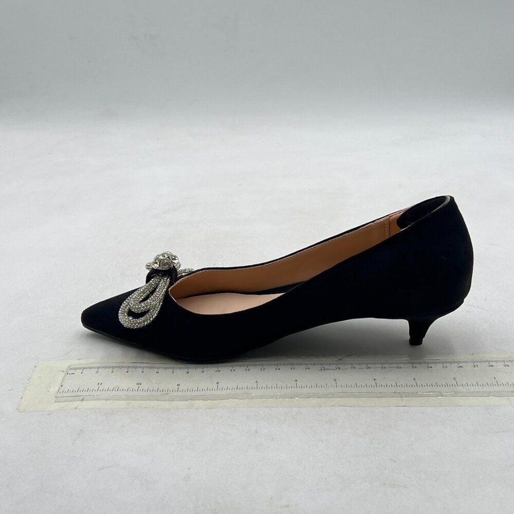 FSJ Black Crystal Bowknot Low Heel Pointed Toe Pump Slip On Sexy Ladies Shoes